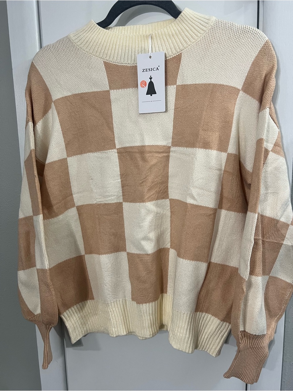 Cream & Tan Checkered Knit Sweater